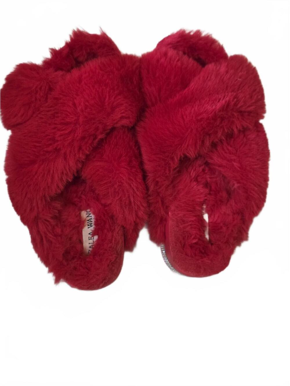 Azalea Wang Red Faux Fur Crisscross Rhinestone Platform Slides Size 9